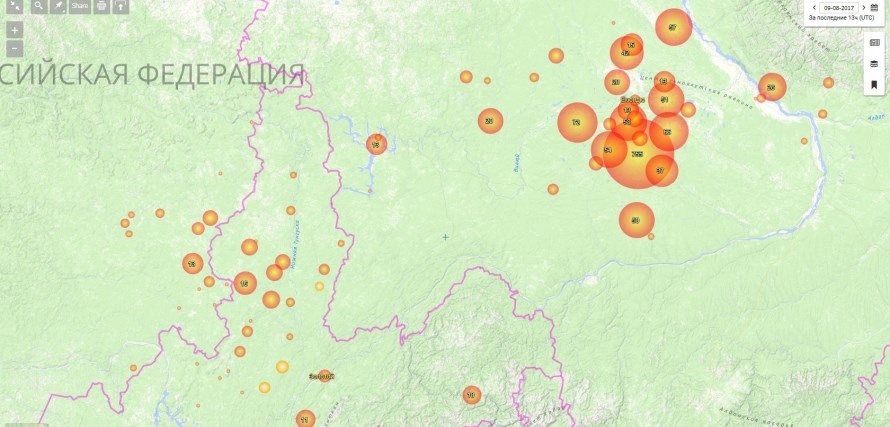 Геоинформационный портал Gisa.ru - ГК «СКАНЭКС»: карта пожаров: жара иветер способствуют распространению огня на востоке страны