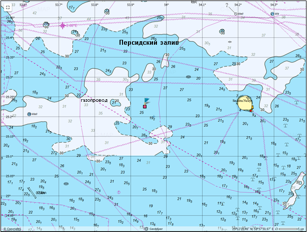 Fig. 1. Position of the seep source (shown by red square with flag) detected with use of the Sentinel-1 SAR imagery on the nautical chart by C-MAP