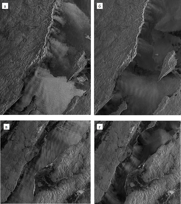 Рис. 2. Бороподобные ветры: горная и сарма на РЛИ Sentinel-1A от 13.12 (а, в), 14.10 (б) и 1.12.2014 (г). © ESA
