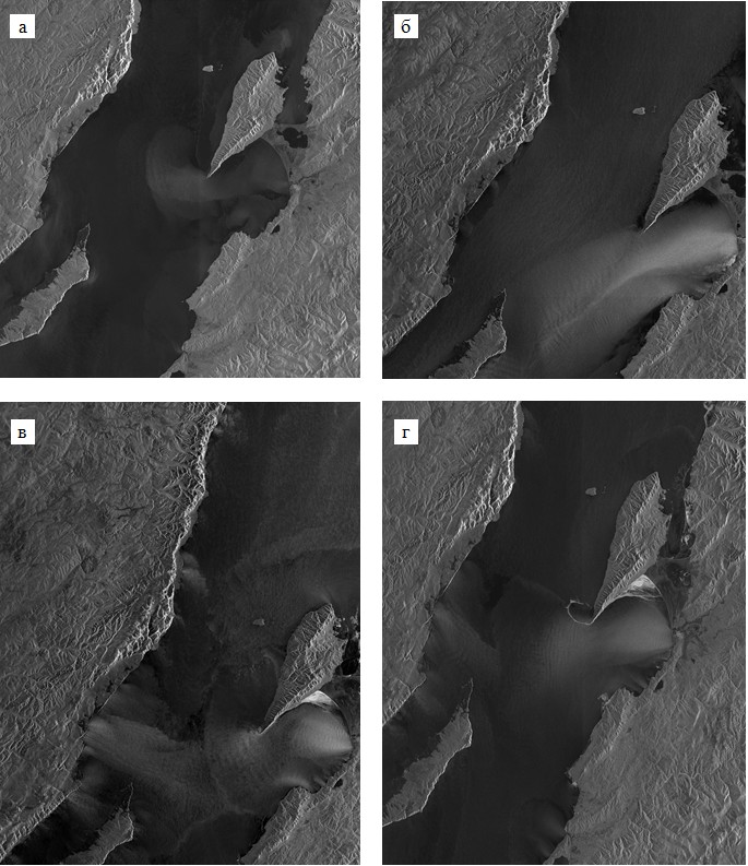 Рис. 3. Баргузин на РЛИ Sentinel-1A от 21.10 (а), 26.10 (б), 1.12 (в) и 8.12.2014 (г). © ESA