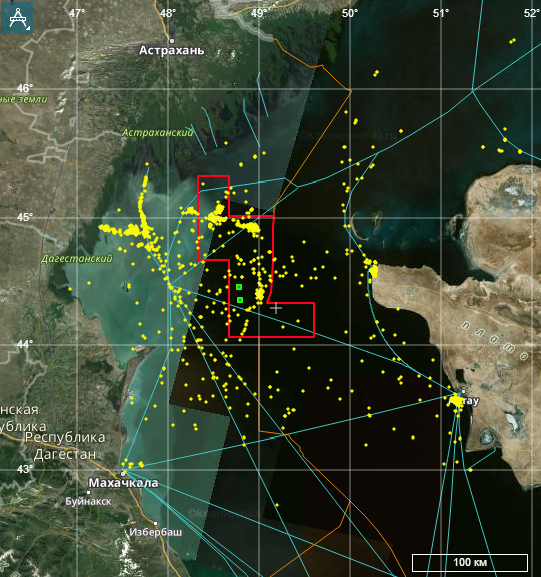 Интегральная карта навигационно-судовой обстановки в Северной части Каспийского моря в апреле – июне 2014 г (© «СКАНЭКС»).