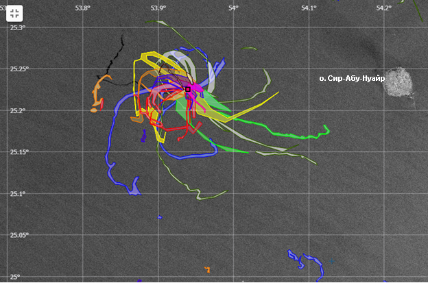 Fig. 3. Spatial-temporal grouping of oil slicks (in 2017) due to the seep activity (source is shown by red square) on the background of the Sentinel-1A SAR image of 9.01.2019.  SCANEX, IO RAS