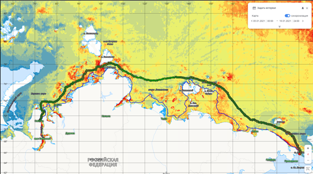 Рис.1. Маршрут движения газовоза «Кристоф де Маржери» на фоне распределения толщин льда по данным NERSK