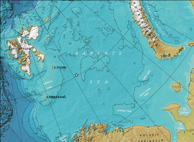 Fig. 1. Position of the source of natural oil manifestations (star) detected by SAR in 2016-2018, on the general map of the Barents Sea.