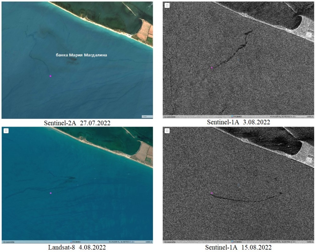 Рис. 1. Нефтепроявления у банки Мария Магдалина на фрагментах оптических снимков и радиолокационных изображений в июле-августе 2022 г. © ESA 