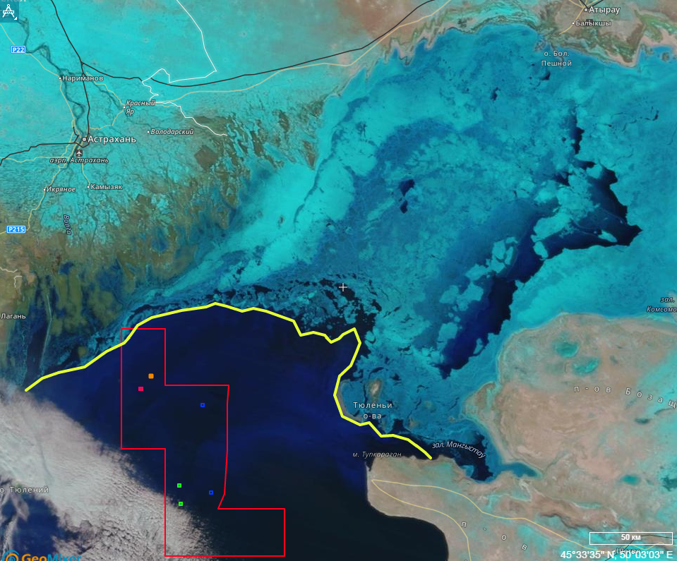 Оптический снимок MODIS Terra от 12 декабря 2014 г в 07:52 UTC в каналах 7-2-1. Желтой линией обозначена кромка льда (© «СКАНЭКС»).
