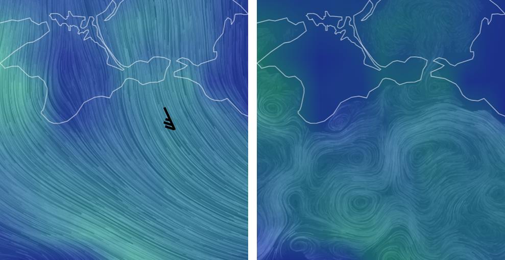 Рис. 6. Поля ветра (слева) и геострофических течений (справа) на момент РЛ-съемки 19.12.2024 (15:28 UТС), обуславливающих смену направления дрейфа пятен мазута на северо-восточное и его остаточное накопление в акватории напротив Бугазской косы, у побережья г. Анапы и в Анапской бухте (моделирование GFS/NCEP/US National Weather Service).