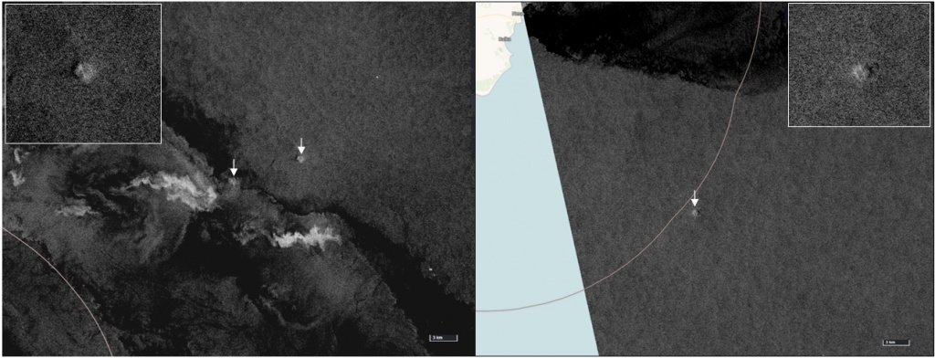 Рис. 2. Места утечек газа (показаны стрелками) на фрагментах радиолокационного изображения спутника Sentinel-1A от 29.09.2022, 16:37 UTC; сиреневая линия – границы территориальных вод.  ESA