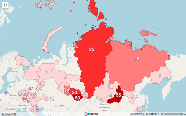 Рис.7. Карта пожарной обстановки РФ за 25 апреля 2025 г. 