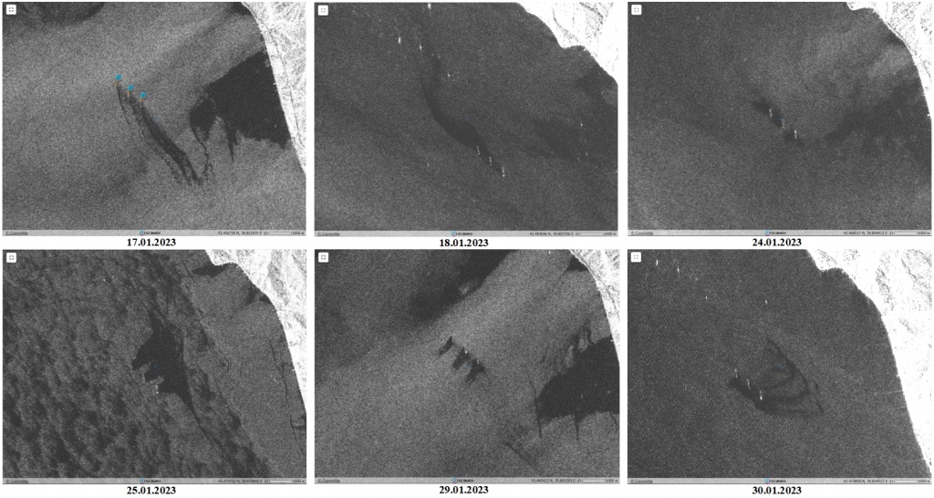 Рис. 1. Пятна-слики, обнаруженные около рыбоводных ферм, на последовательных РЛИ Sentinel-1A.  ESA