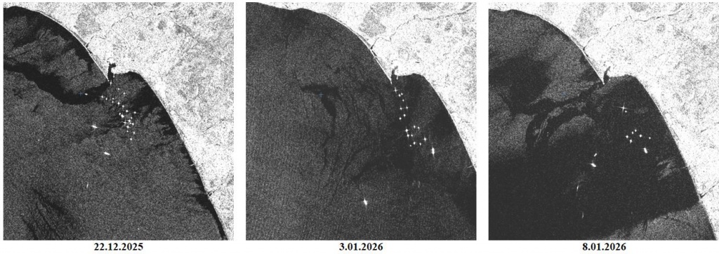 Рис. 3а. Рыболовные суда и суда-перегрузчики в прибрежной зоне г. Очамчыра на фрагментах радиолокационных изображений Sentinel-1A/1C. © ESA