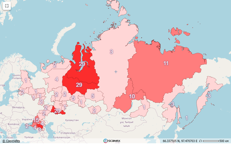 Рис. 7. Карта пожарной обстановки РФ за 11 августа 2025 г. 