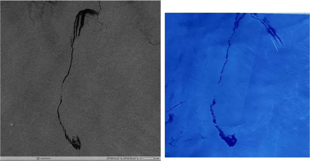 Fig. 4. Oil seep manifestation in the Persian Gulf on the Sentinel-1A SAR image (02:23 UTC) and quasi-synchronous Sentinel-2A optical image (06:56 UTC) acquired on 22.05.2018; on the optical image (right) the color of oil films can be seen. © ESA