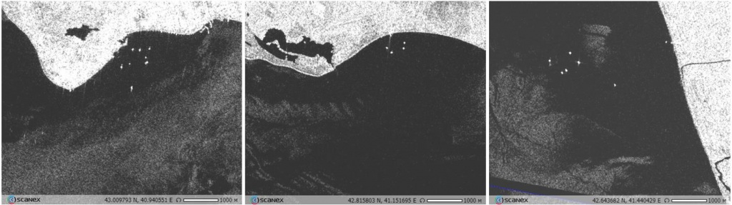 Рис. 3б. Рыболовные суда у Сухума, Скурчи и Гудавы на фрагментах радиолокационного изображения Sentinel-1C от 26.01.2026. © ESA