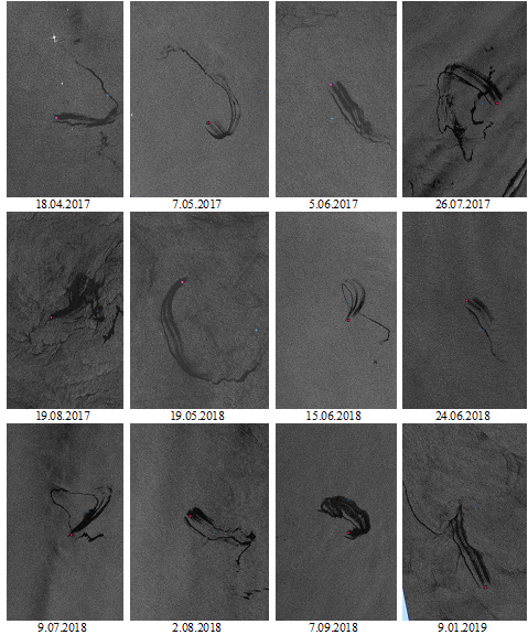 Fig. 2. Examples of oil seep manifestations detected at the same position in the Persian Gulf on the Sentinel-1A and Sentinel-1B SAR images.  ESA