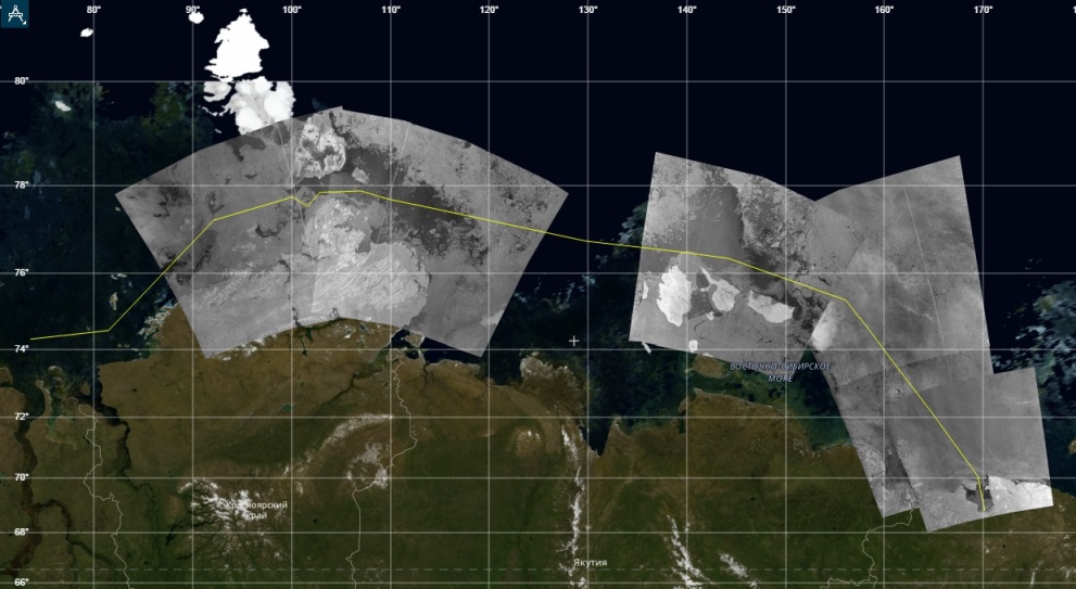 Маршрут ледокольной проводки в п. Певек. На радиолокационных снимках видны особенности ледовой обстановки