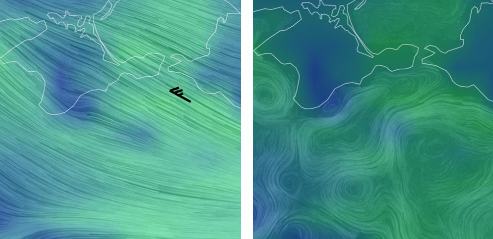 Рис. 4. Поля ветра (слева) и геострофических течений (справа) на момент РЛ-съемки 18.12.2024 (03:40 UТС), обуславливающих продолжительный восточный дрейф пятен мазута, а затем их аккумуляцию на акватории от м. Железный Рог до Анапской бухты. Такие ГМУ обусловили накопление нефтепродуктов в прибрежной зоне Бугазской косы, у анапской агломерации и в Анапской бухте (моделирование GFS/NCEP/US National Weather Service).