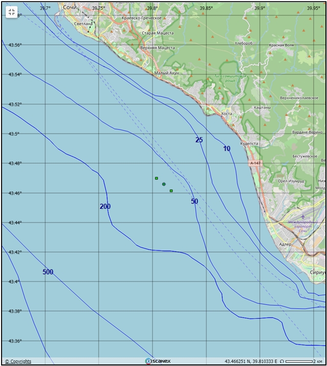 Рис. 2. Положение рыбоводного участка на обзорной карте, установленное по данным спутниковой съемки