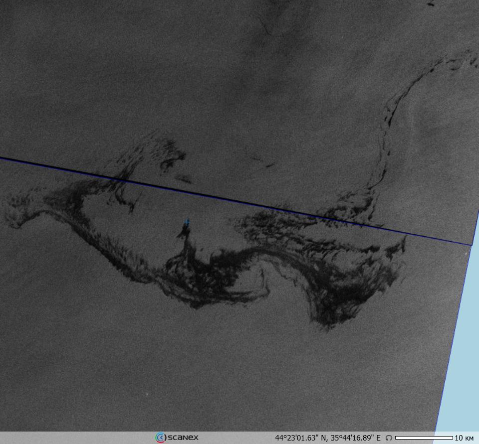 Рис. 5. Нефтеразлив в открытом море общей площадью около 580 км2 на РЛИ Sentinel-1A 17.04.2026 (03:49 UTC). © ESA