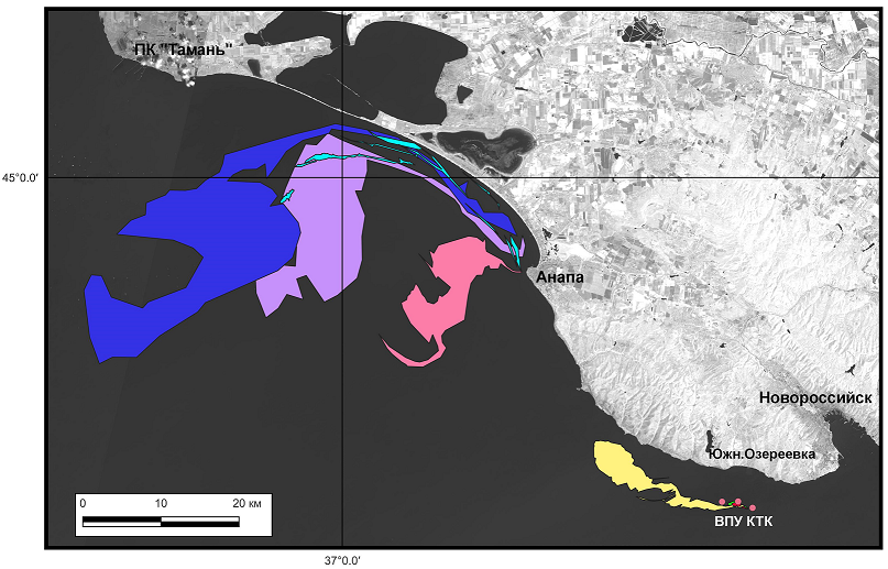 Рис. 5. Эволюция пятна нефти, разлившейся на ВПУ-2, по данным ДЗЗ с 29.08 по 2.09.2025 г.: красный — 0,7 км2 (29.08), зеленый — 2 км2 (29.08), желтый — 42 км2 (29.08), розовый — >70 км2 (30.08), сиреневый — около 215 км2 (31.08), синий — >300 км2 (1.09), голубой — около 17 км2 (2.09) 