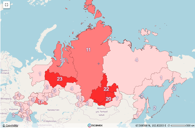Рис. 7. Карта пожарной обстановки РФ за 6 июля 2025 г.