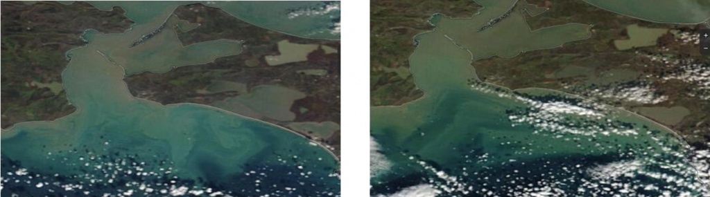 Рис. 2. Фрагменты оптических снимков спутников Terra/MODIS от 16.12.2024 (вверху) и 18.12.2024 (внизу), на которых в разрывах облачности отобразилось место катастрофы и, возможно, мазутное загрязнение, распространяющееся на юг и восток/юго-восток к побережью Бугазской косы. Надежной интерпретации мешают обширные образования, образованные в верхнем слое моря взмученным веществом в результате сильного шторма.