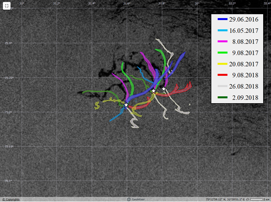 Fig. 3. Spatial-temporal grouping of oil slicks due to the activity of detected oil sources (stars) on a background of the Sentinel-1A SAR image acquired on August 4, 2017.  ESA, SCANEX, IO RAS